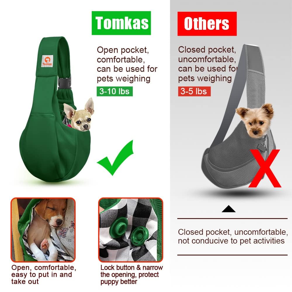 Tomkas dog sling organized pockets layout keeps keys and leash secure.