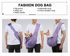 TOMKAS purple carrier side view shows safety mesh and secure opening for small pets