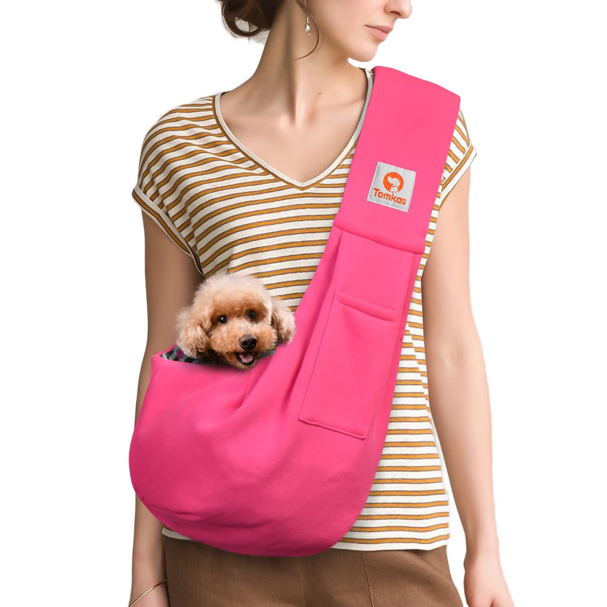 Tomkas Small Dog Sling Carrier front view in rosered, comfortable daily use.
