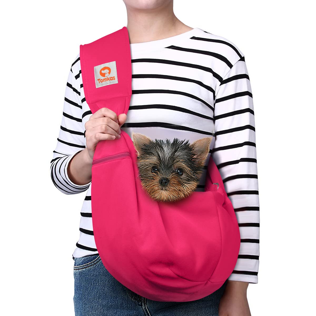 Tomkas Small Dog Sling compact storage demonstrates front pocket convenience for essentials.