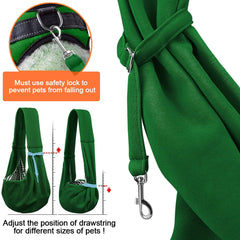 Tomkas small dog sling emerald green durable hardware and tight stitches for longevity.