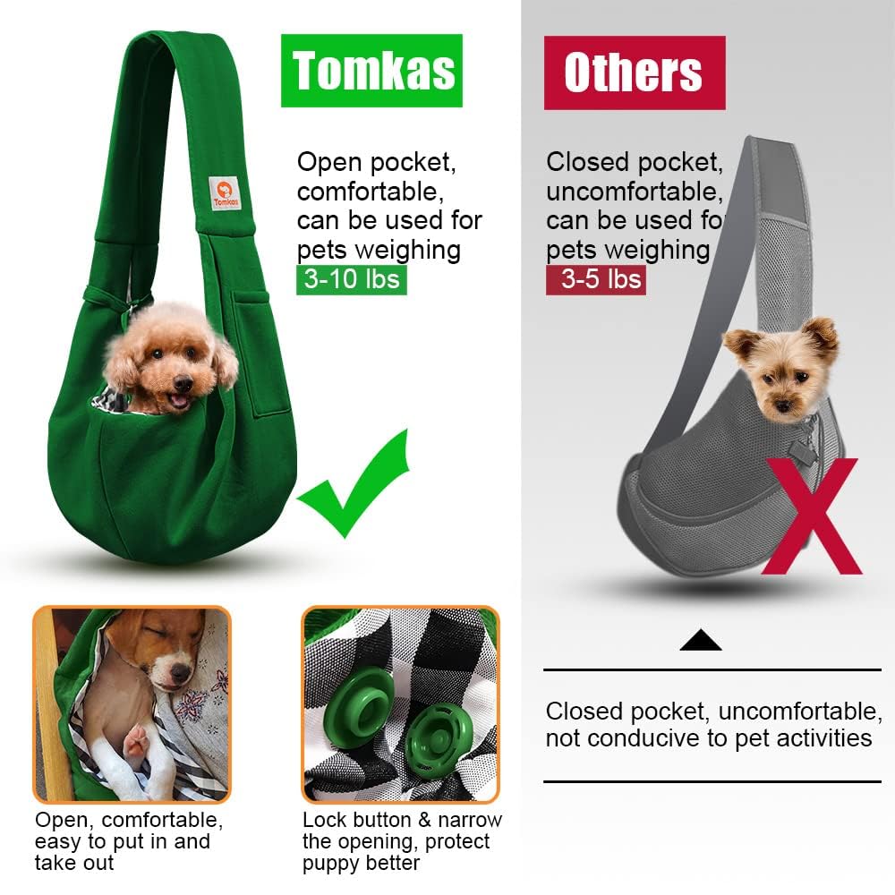 Tomkas small dog sling emerald green in-use during walk demonstrates hands-free closeness.