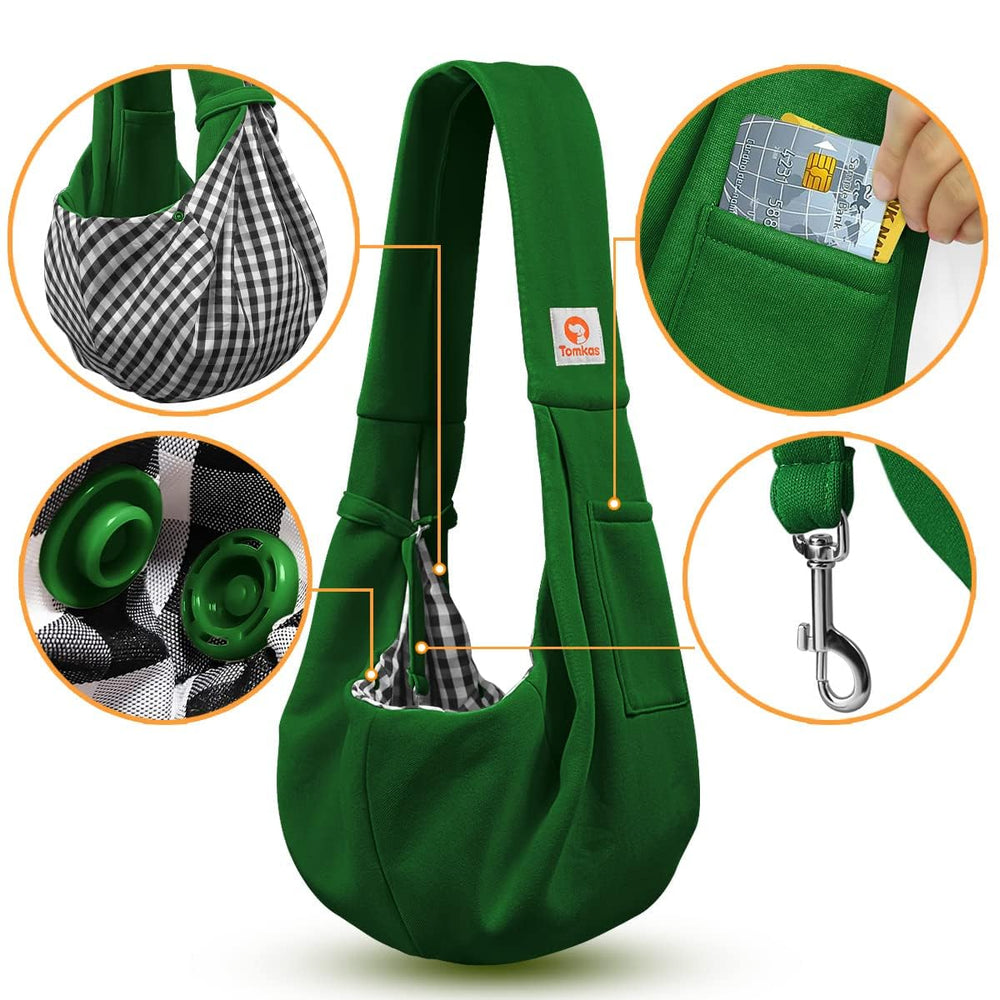 Tomkas small dog sling emerald green large opening makes easy pet insertion.