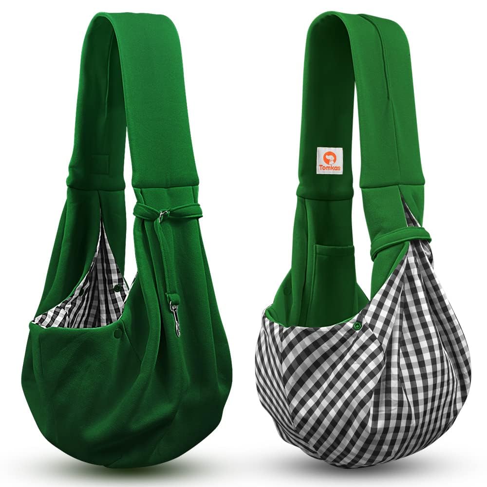 Tomkas small dog sling emerald green compact packaging for easy online shopping.