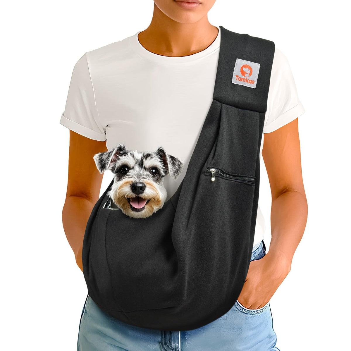 Tomkas small dog sling front view—compact carrier for 3–10 lb pets.