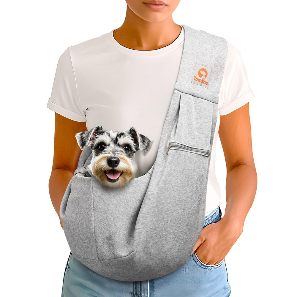 Tomkas small dog sling carrier grey front view — easy pet access on the go