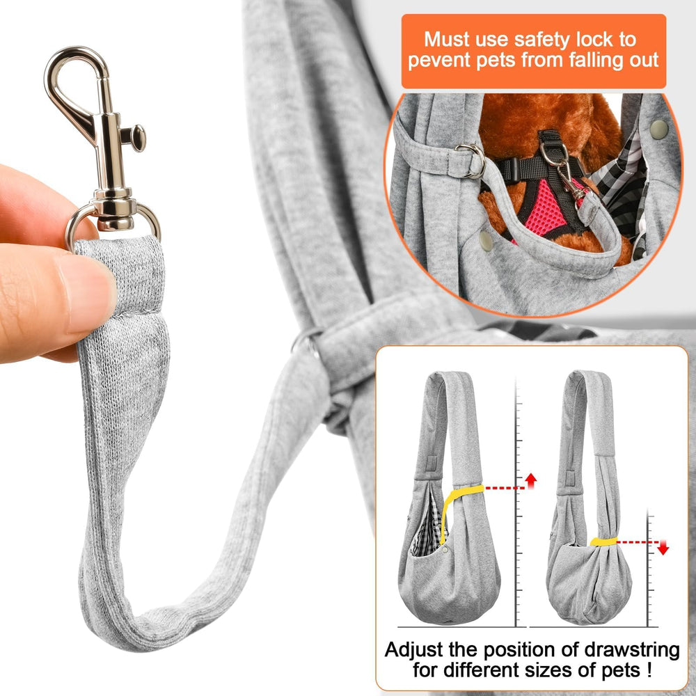 Tomkas small dog sling carrier grey in-use shot — convenient hands-free transport