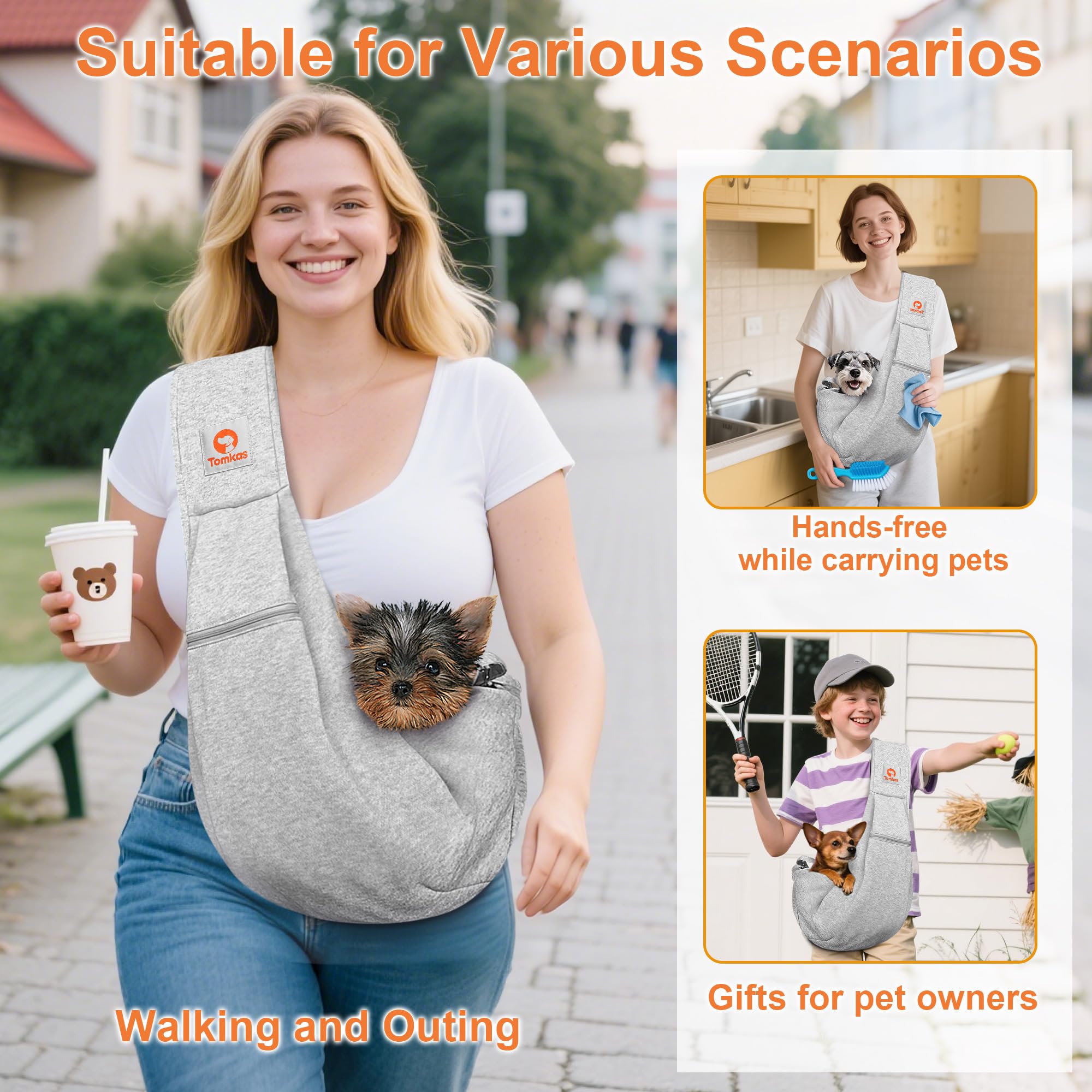 Tomkas small dog sling carrier grey pocket closeup — secure zipper for essentials