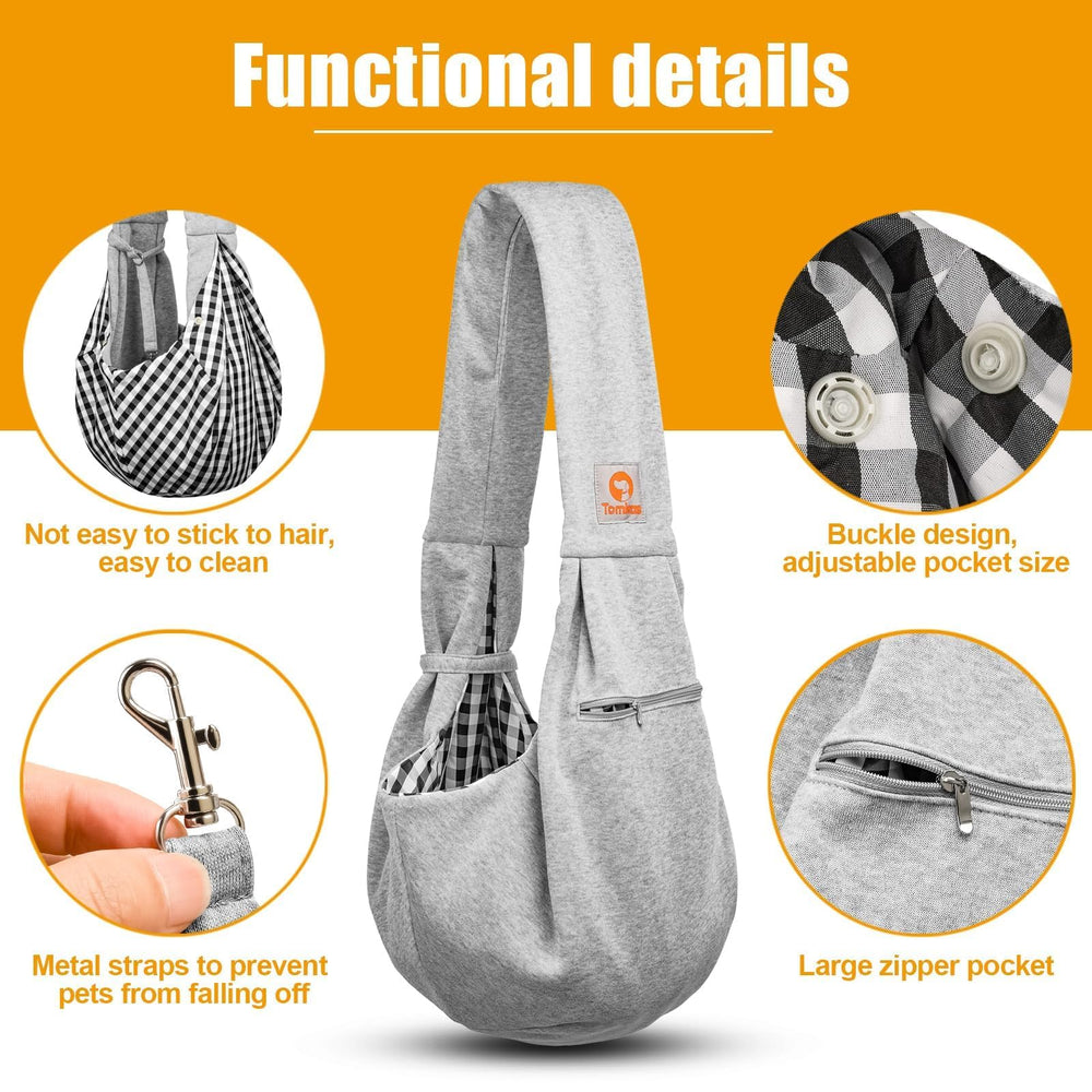 Tomkas small dog sling carrier grey zippered pocket — keeps essentials secure
