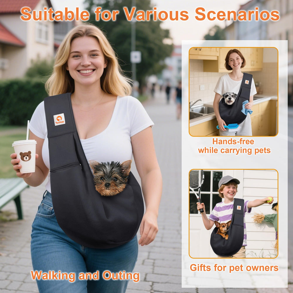 Tomkas small dog sling side view—slim profile for hands-free carrying.