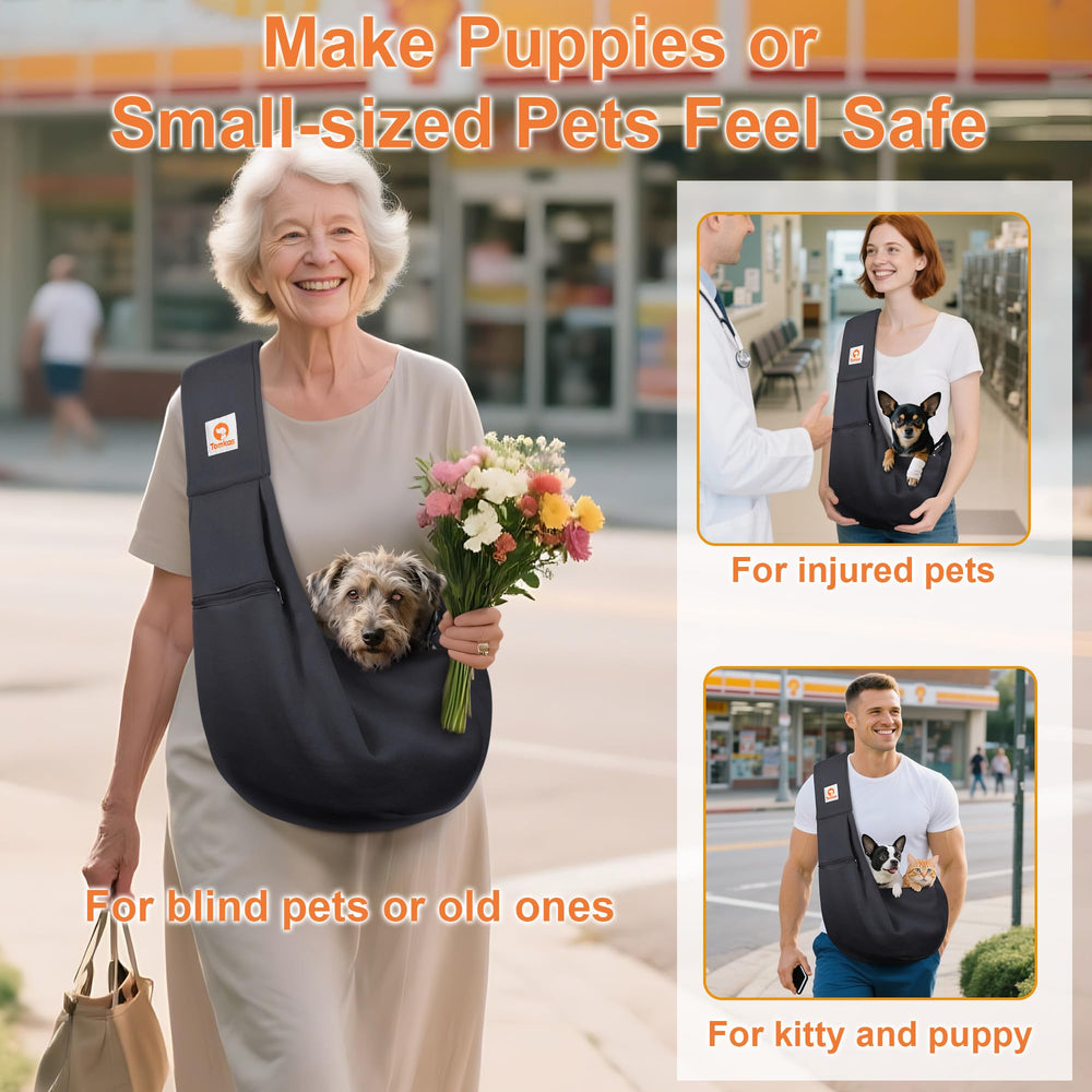 Tomkas small dog sling with pet inside—cozy support for small dogs during walks.