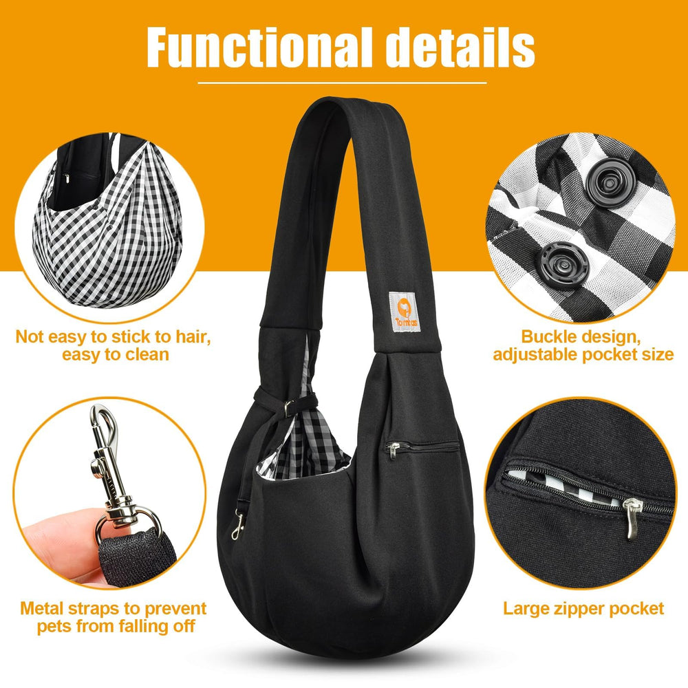 Tomkas small dog sling worn—easy on-the-go use during travel.