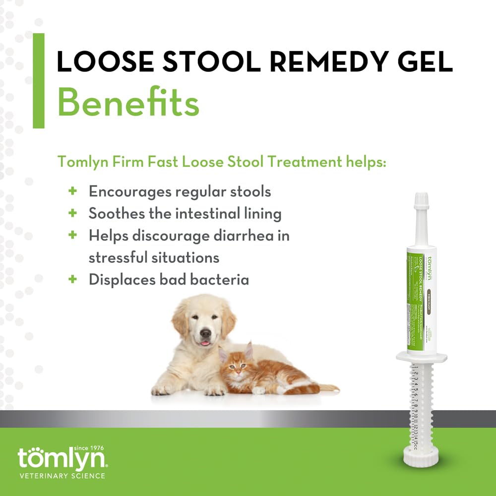 Tomlyn Firm Fast Loose Stool Remedy Gel bottle with label highlighting easy dosing for cats and dogs