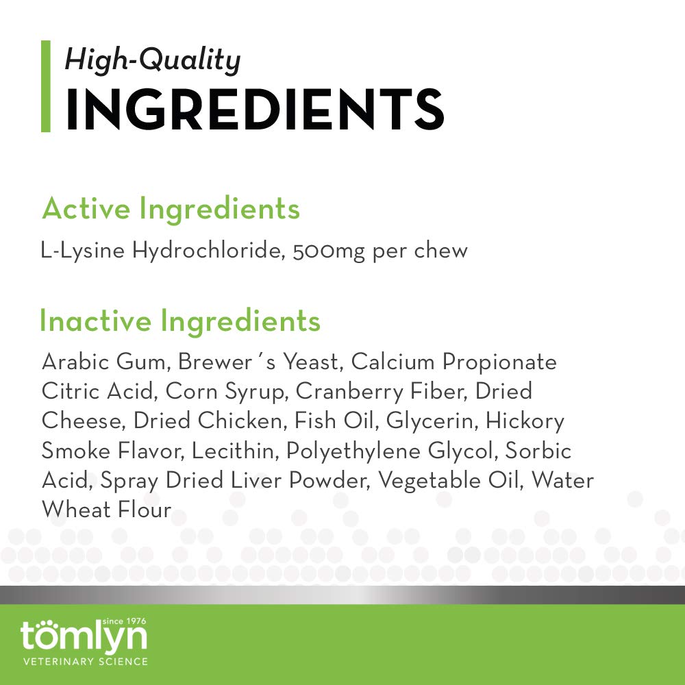 Tomlyn Immune Support Daily L-Lysine Chews on a countertop next to travel supplies