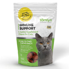 Tomlyn Immune Support Daily L-Lysine Chews packaging highlights fish flavor for cats