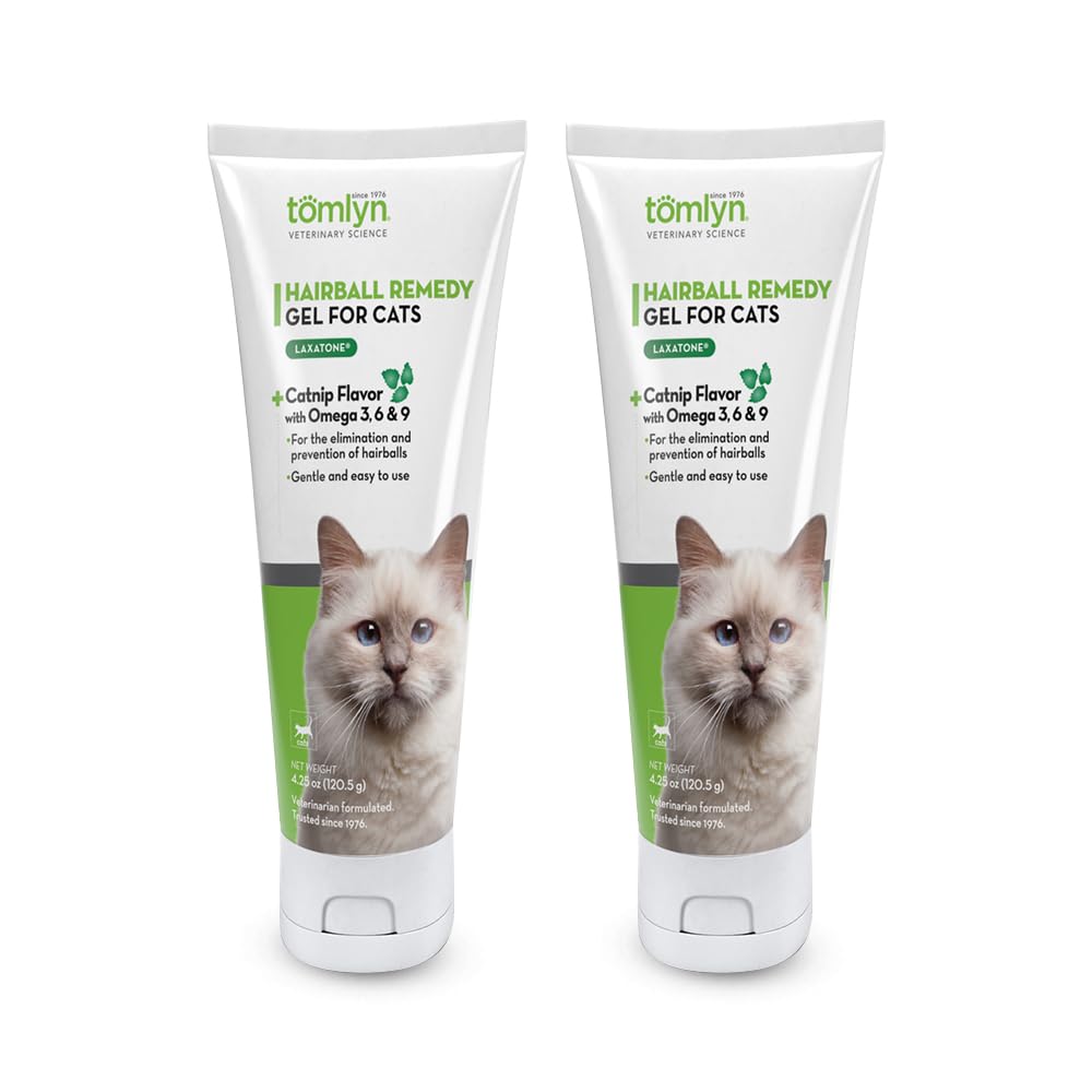 Tomlyn Laxatone catnip gel bottle for hairball relief and digestive support.