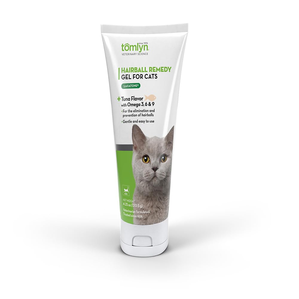 Tomlyn Laxatone tuna-flavored bottle front view, palatable gel for hairball management.