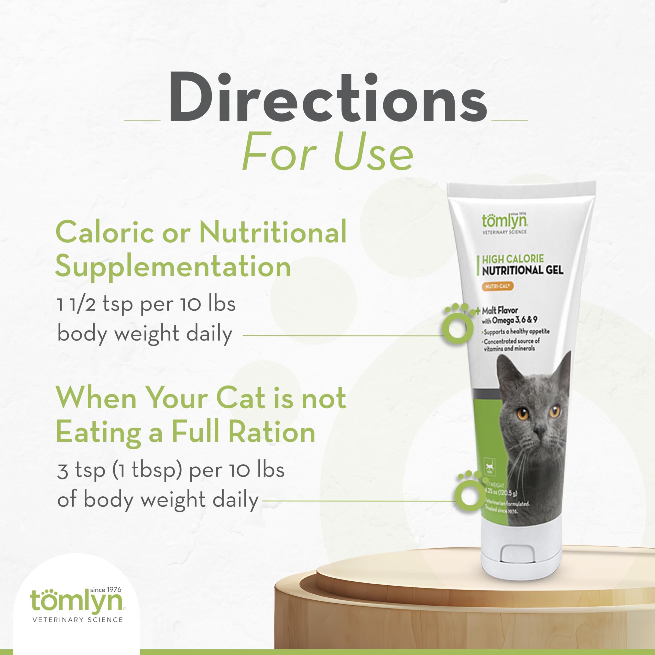 Tomlyn Nutri-Cal omega fatty acids highlights omega fats for heart and skin support.
