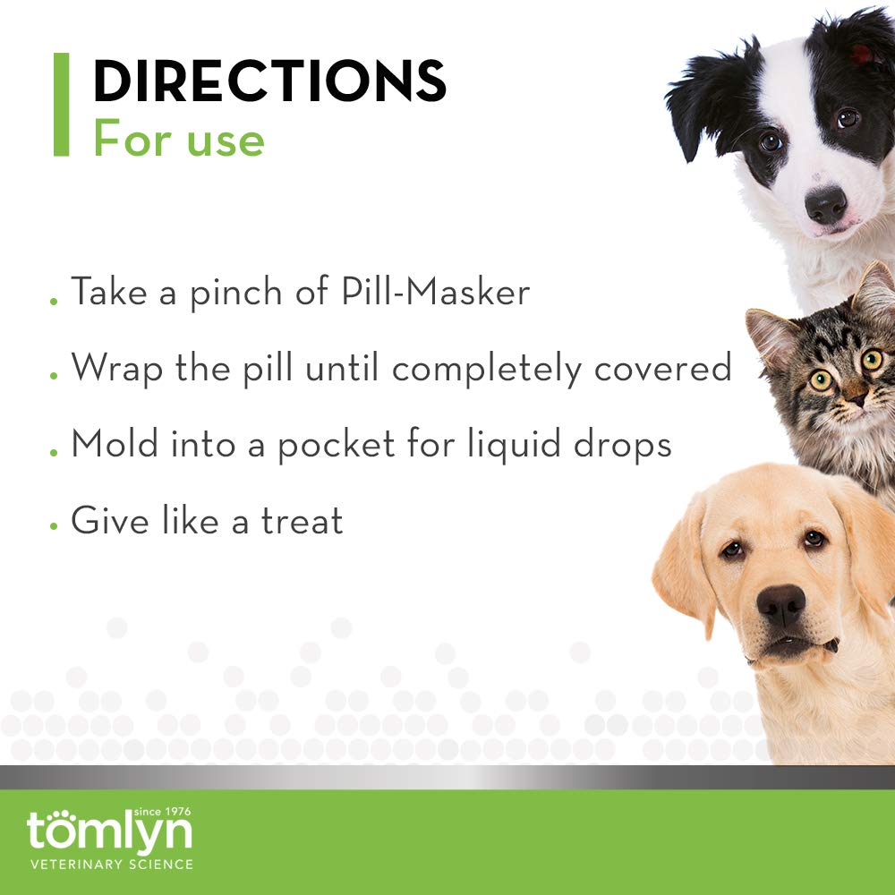 Tomlyn Pill-Masker Original Bacon Paste stays mess-free during treat-time.