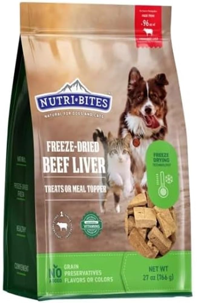 Tomo Wellness NutriBites beef liver packaging highlights high-protein single-ingredient treats for dogs and cats.