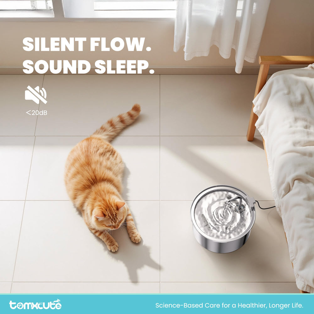 tomxcute cat fountain stainless closeup shows durable hygienic steel