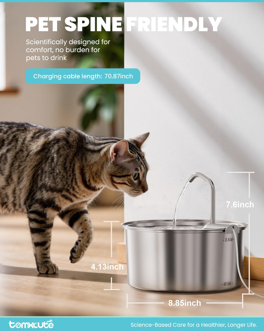 Tomxcute Cat Water Fountain 108oz capacity lasts through days of hydration.