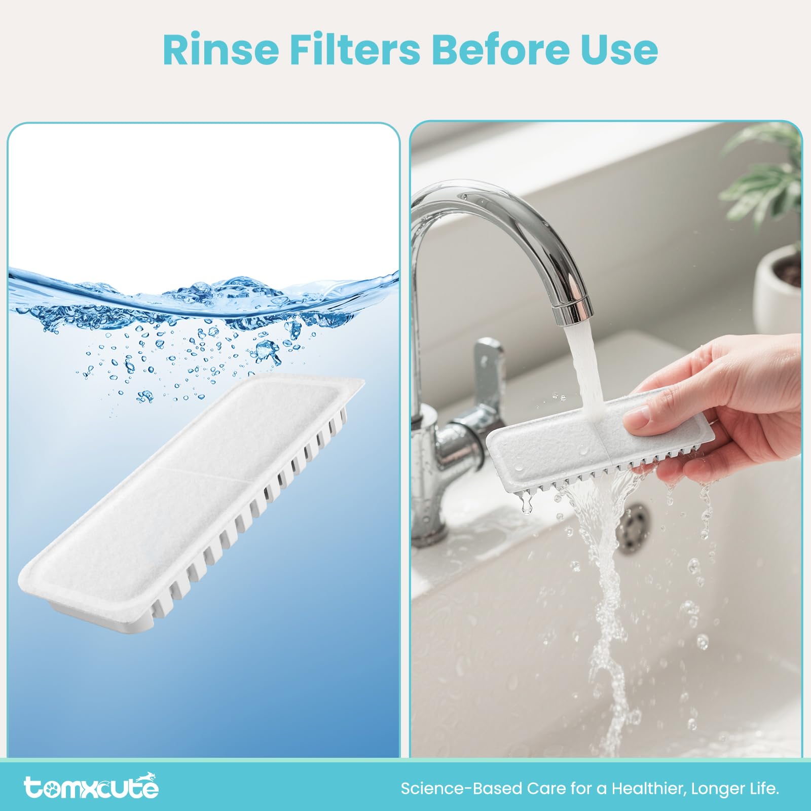 Tomxcute filtration sequence closeup displays the three-layer system catching debris.
