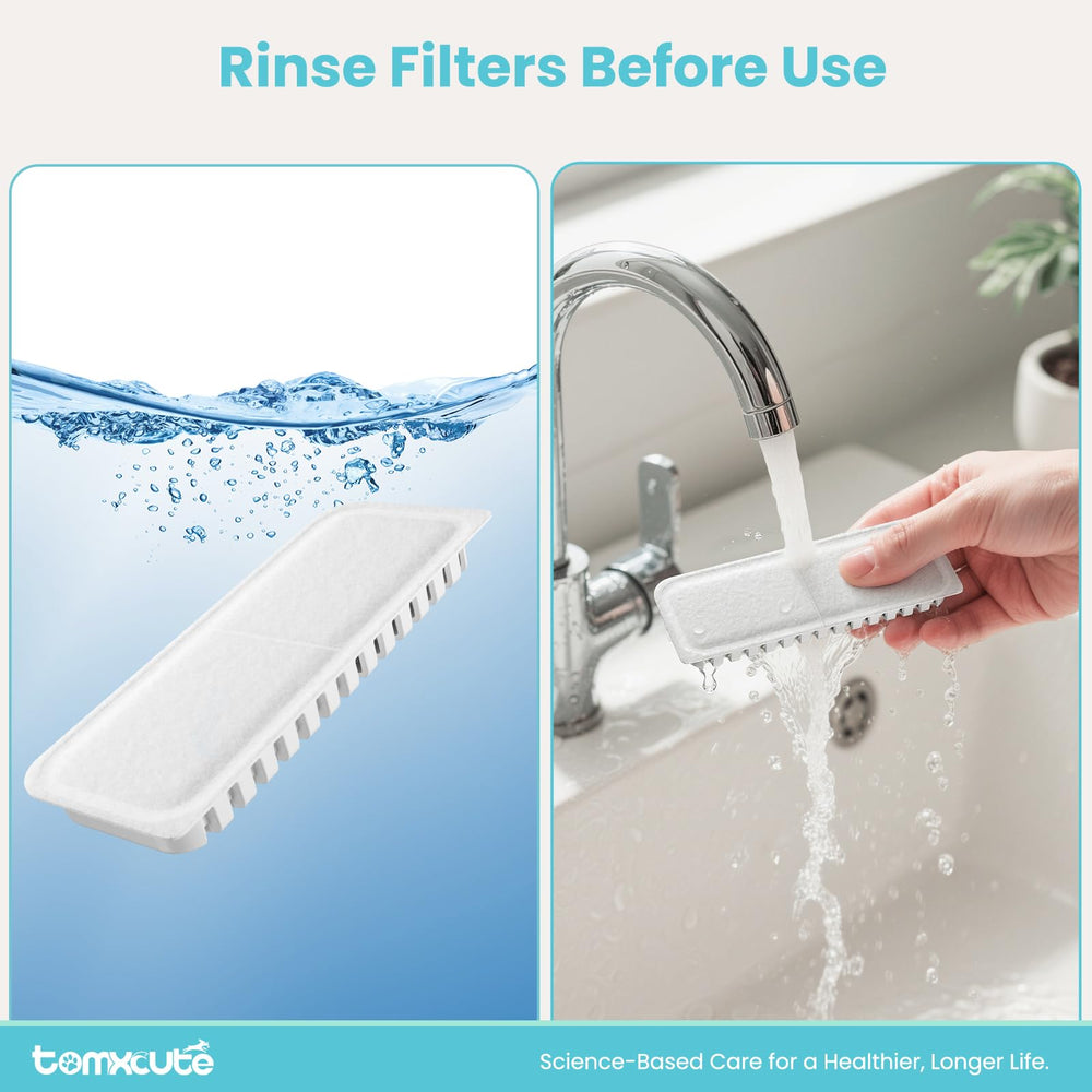 Tomxcute filtration sequence closeup displays the three-layer system catching debris.
