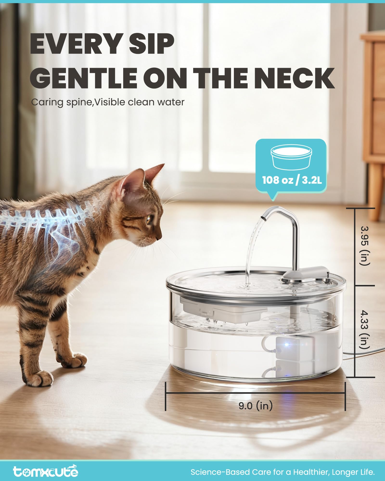 Tomxcute glass cat water fountain filtration system photo highlights three-stage filter.