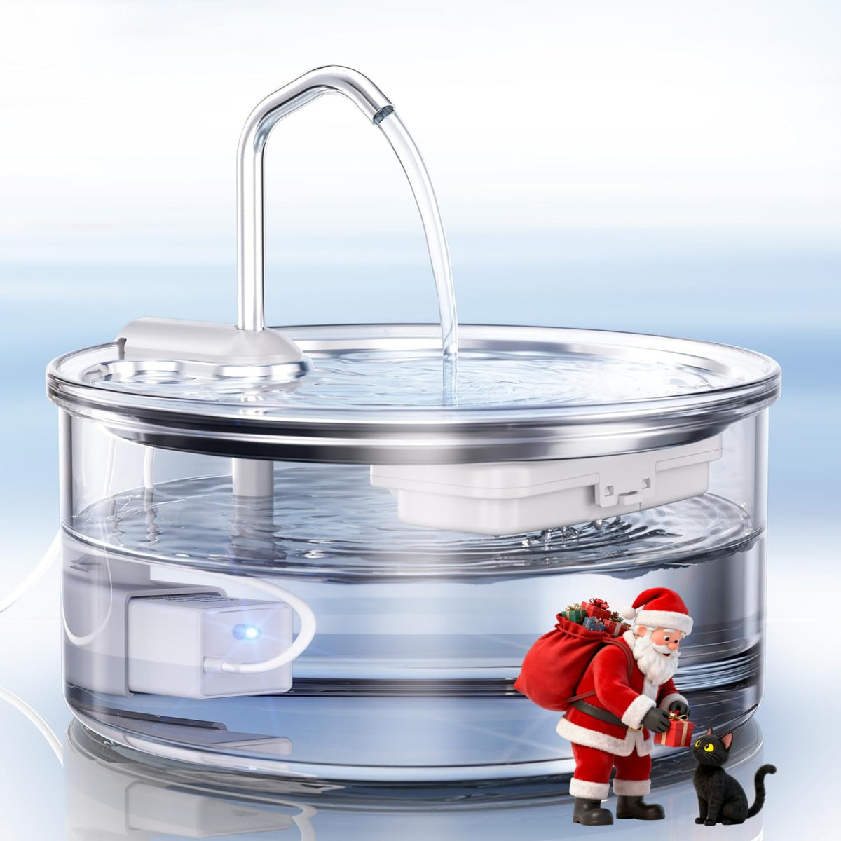 Tomxcute glass cat water fountain front view with clear water visibility for easy monitoring.