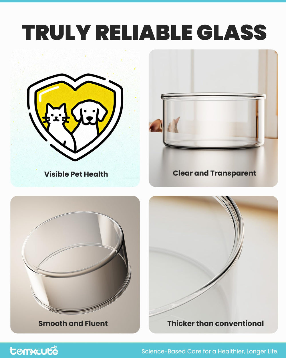 Tomxcute glass cat water fountain near-silent operation keeps pets calm.