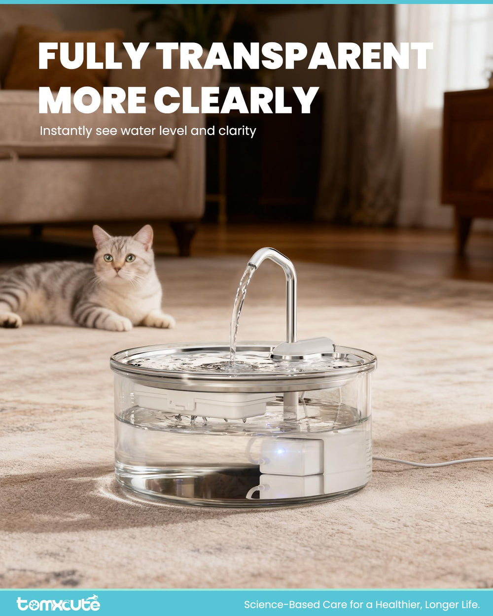 Tomxcute glass cat water fountain top cover blocks hair and debris for cleaner water.