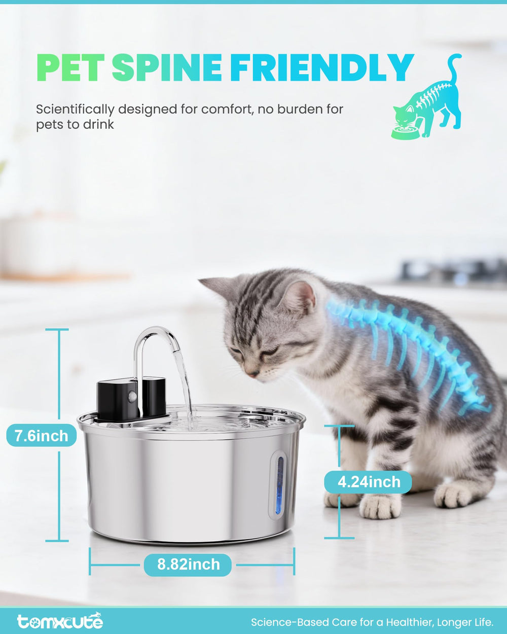 Tomxcute wireless cat water fountain ultra-quiet pump keeps a peaceful home environment.