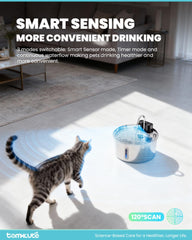 Tomxcute wireless cat water fountain shows water flow to encourage frequent drinking.