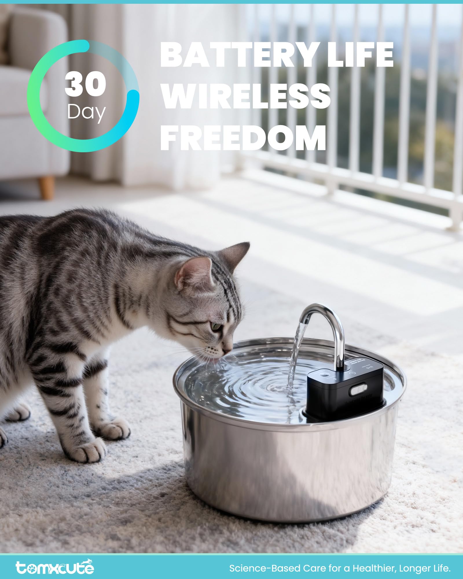 Tomxcute wireless cat water fountain water level window helps monitor supply quickly.