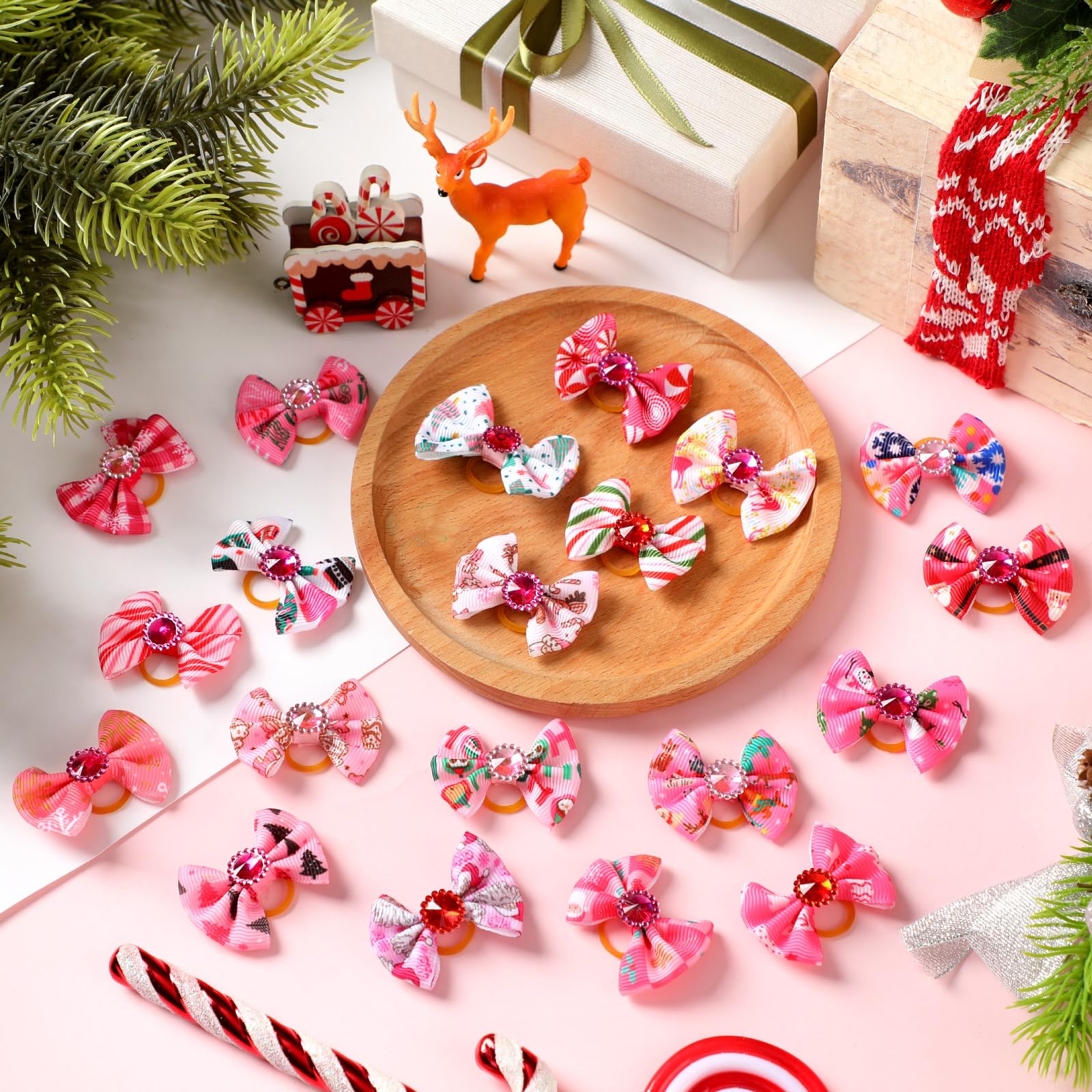 Tondiamo pink Christmas dog bows elastic bands provide easy, secure pet styling