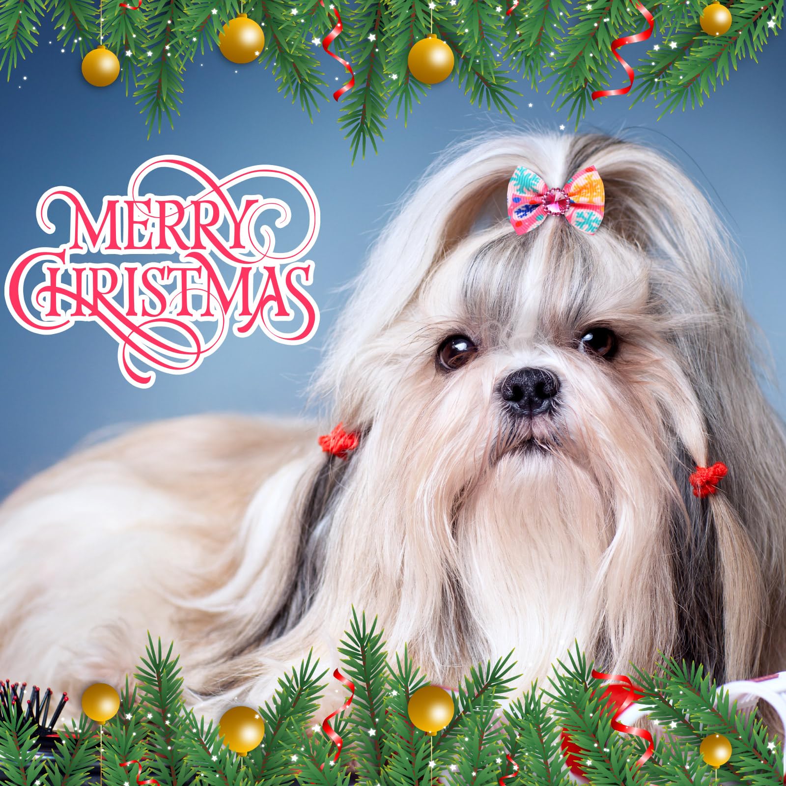 Tondiamo pink Christmas dog bows shown on a small dog for festive wear