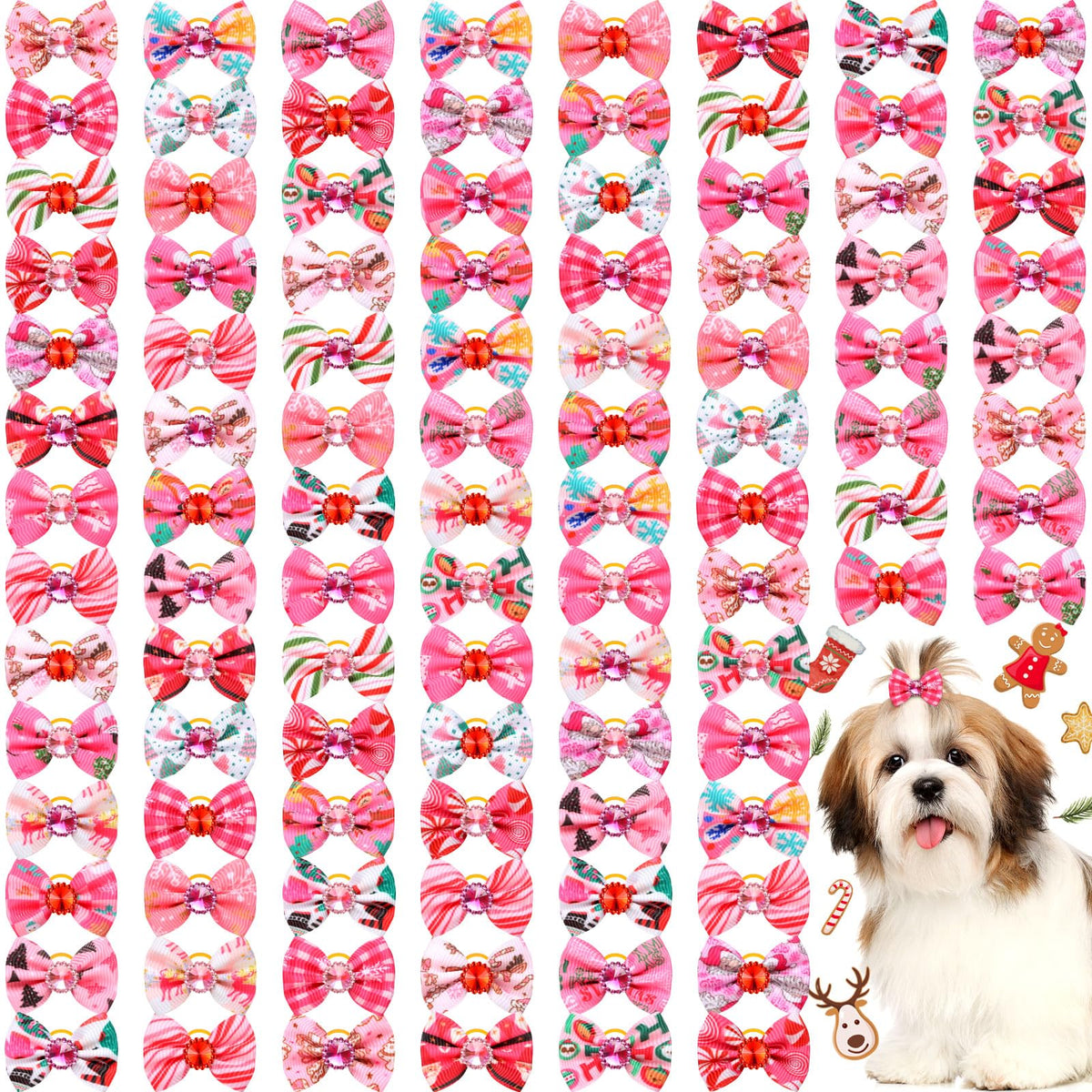 Tondiamo pink Christmas dog bows package shows mixed styles for festive small-dog styling