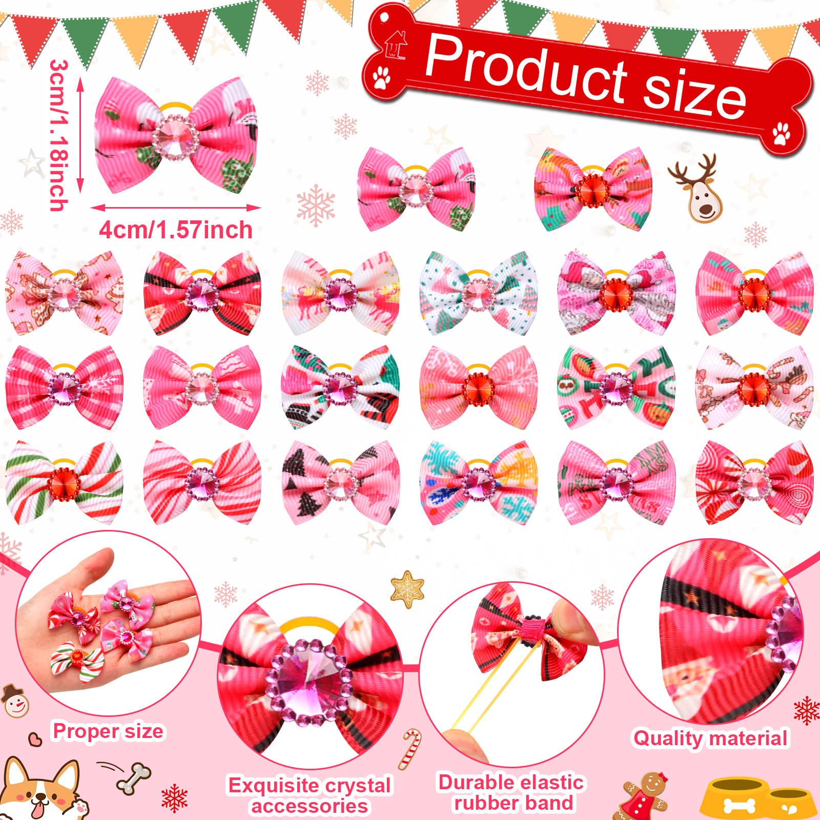 Tondiamo pink Christmas dog bows styles collection highlights rhinestone-centered designs