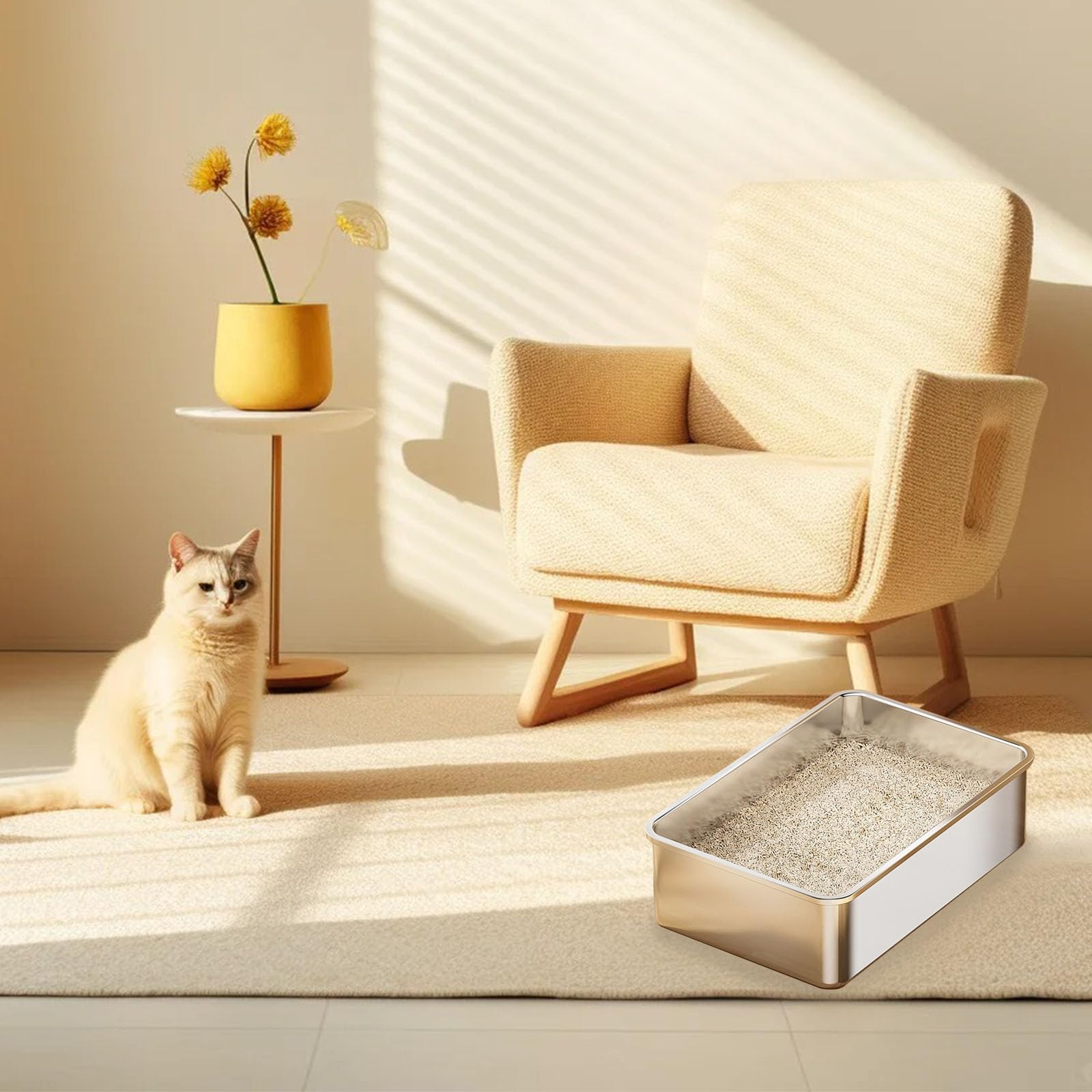 Tondid stainless steel cat litter box doubles as a bath or storage piece.