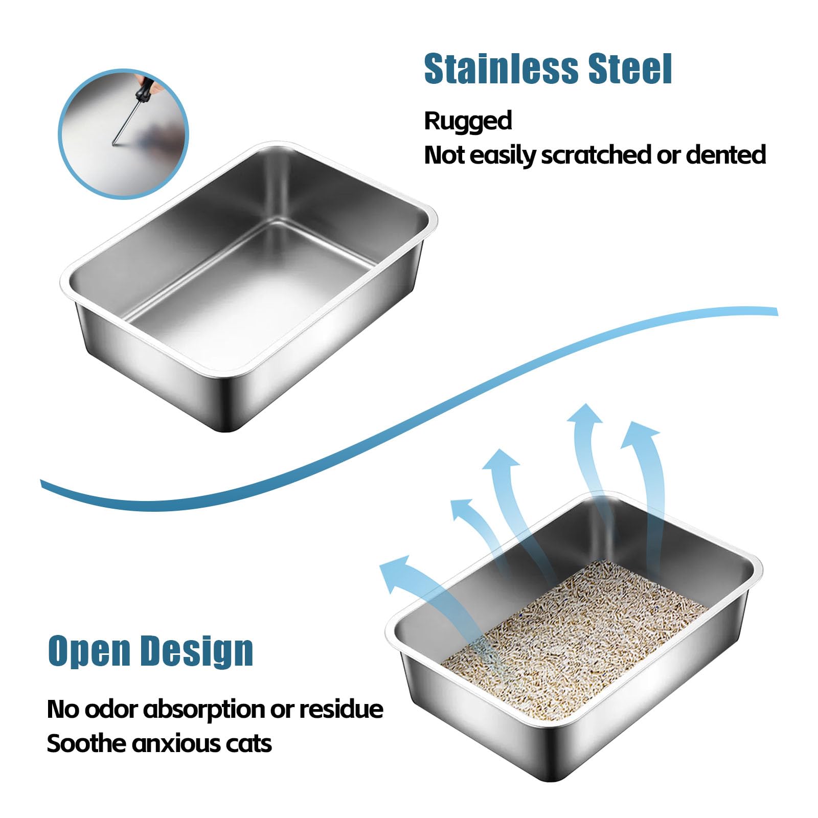 Tondid stainless steel litter box nonstick surface eases waste removal and cleaning.