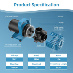 TONGCHANT UL-listed submersible pump with quiet operation for pond or aquarium use.