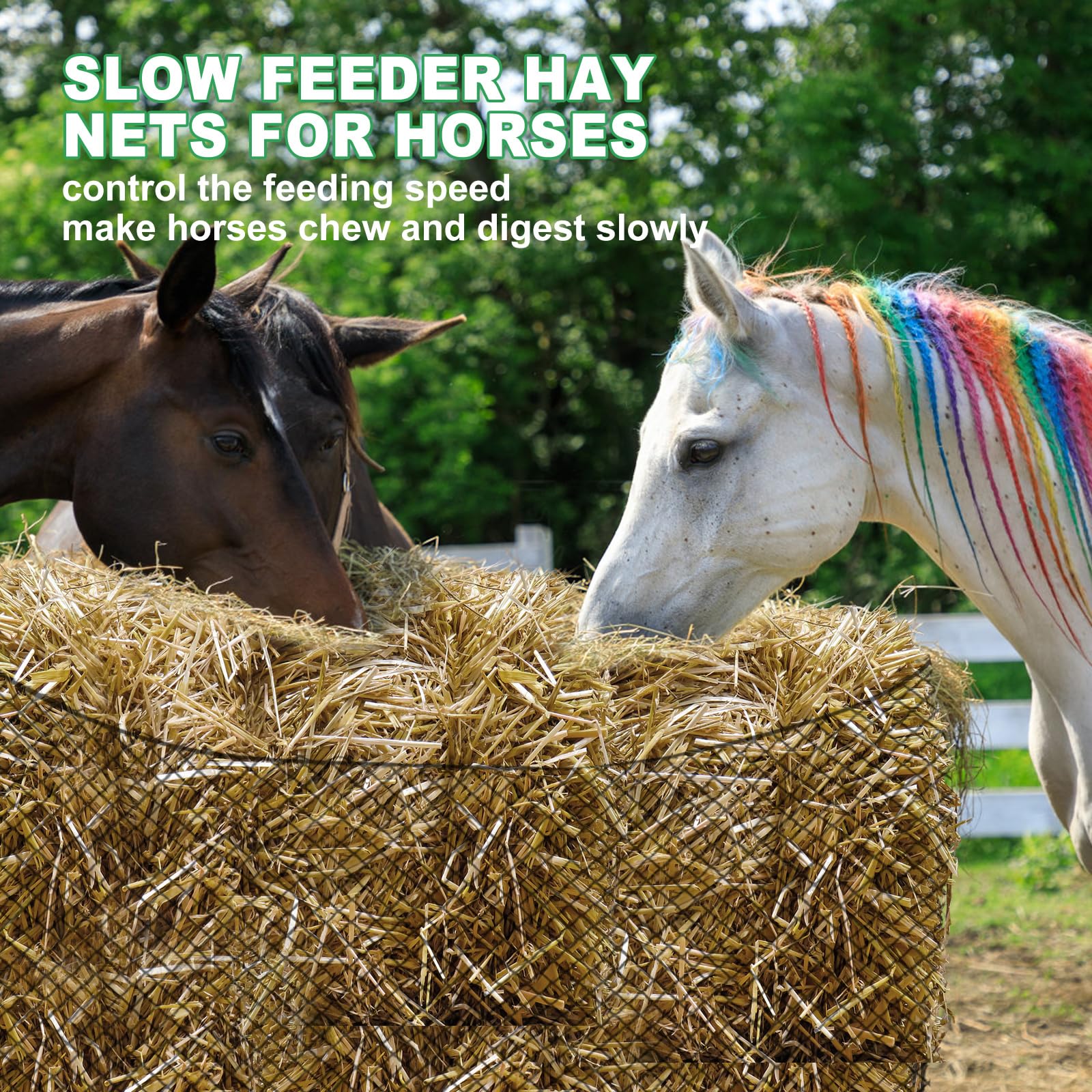 TONGMO hay net reduces waste with controlled release during feeding outdoors.