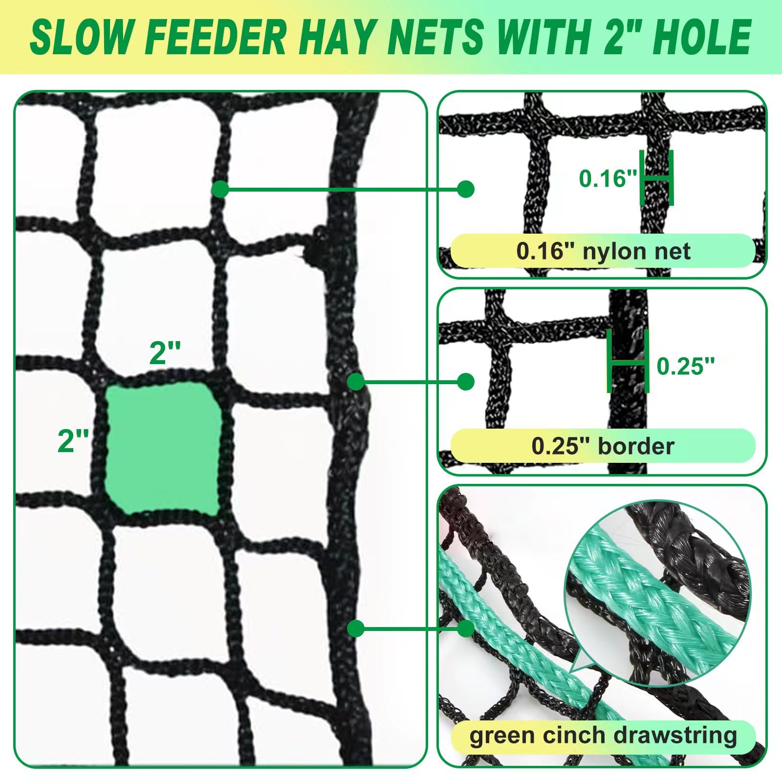 TONGMO knotless hay net close-up emphasizes gentler bite and dental-friendly feeding.