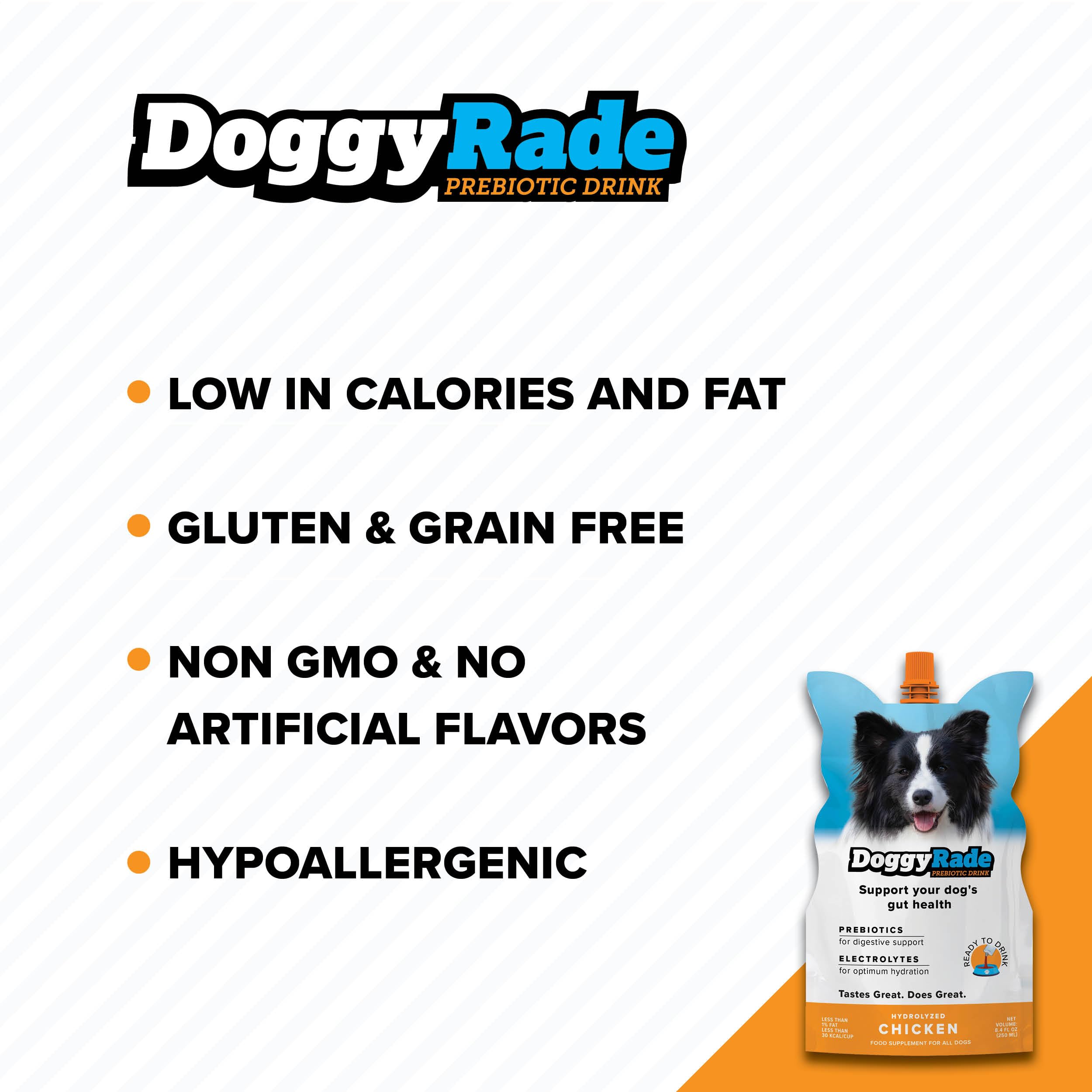 Tonisity DoggyRade ready-to-drink pouch for on-the-go hydration.