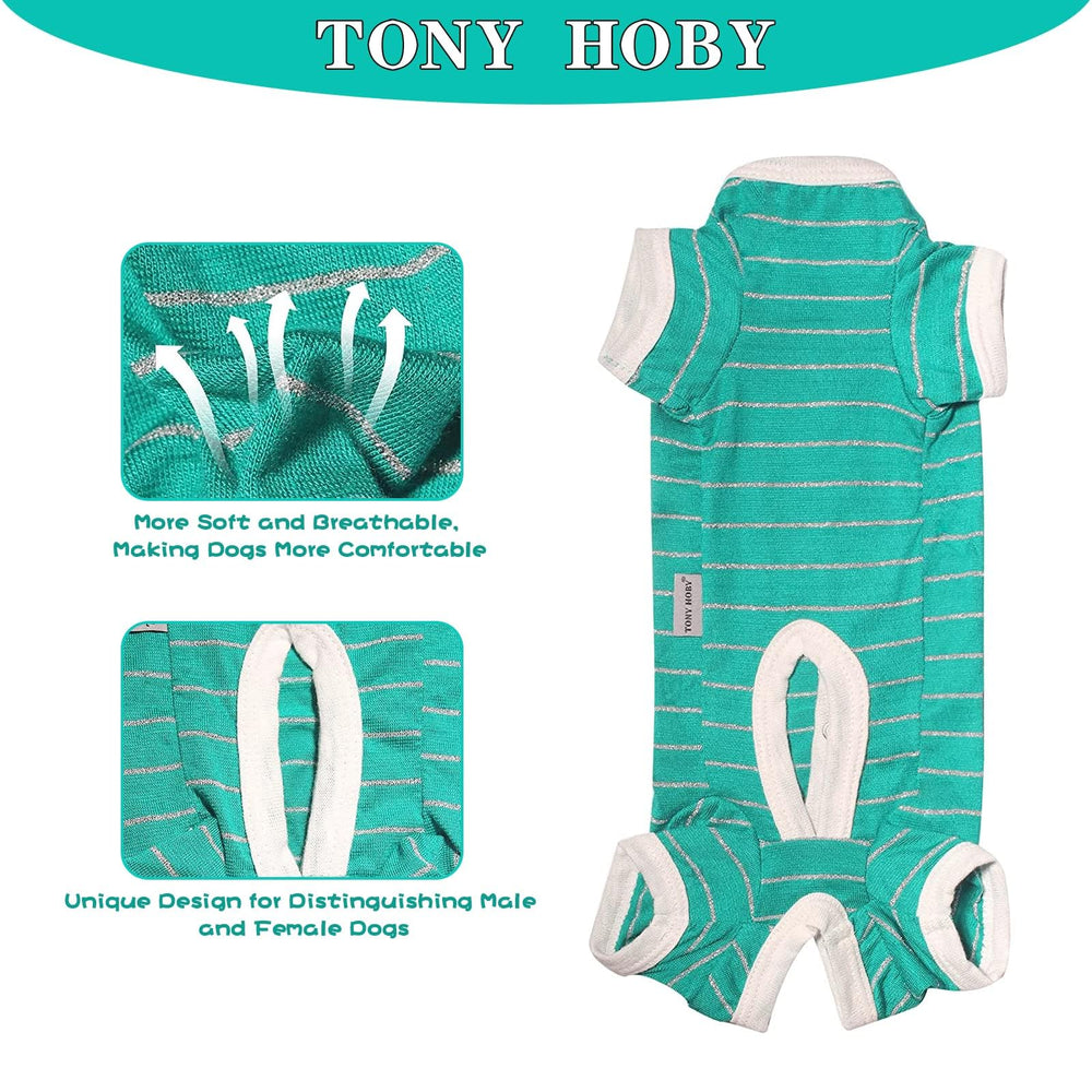 TONY HOBY dog pajamas back view shows easy-fit design with secure closures.