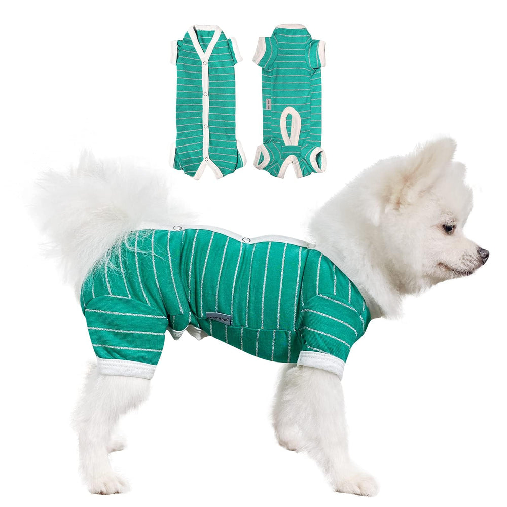 TONY HOBY dog pajamas front view in green shows breathable summer wear for small dogs.