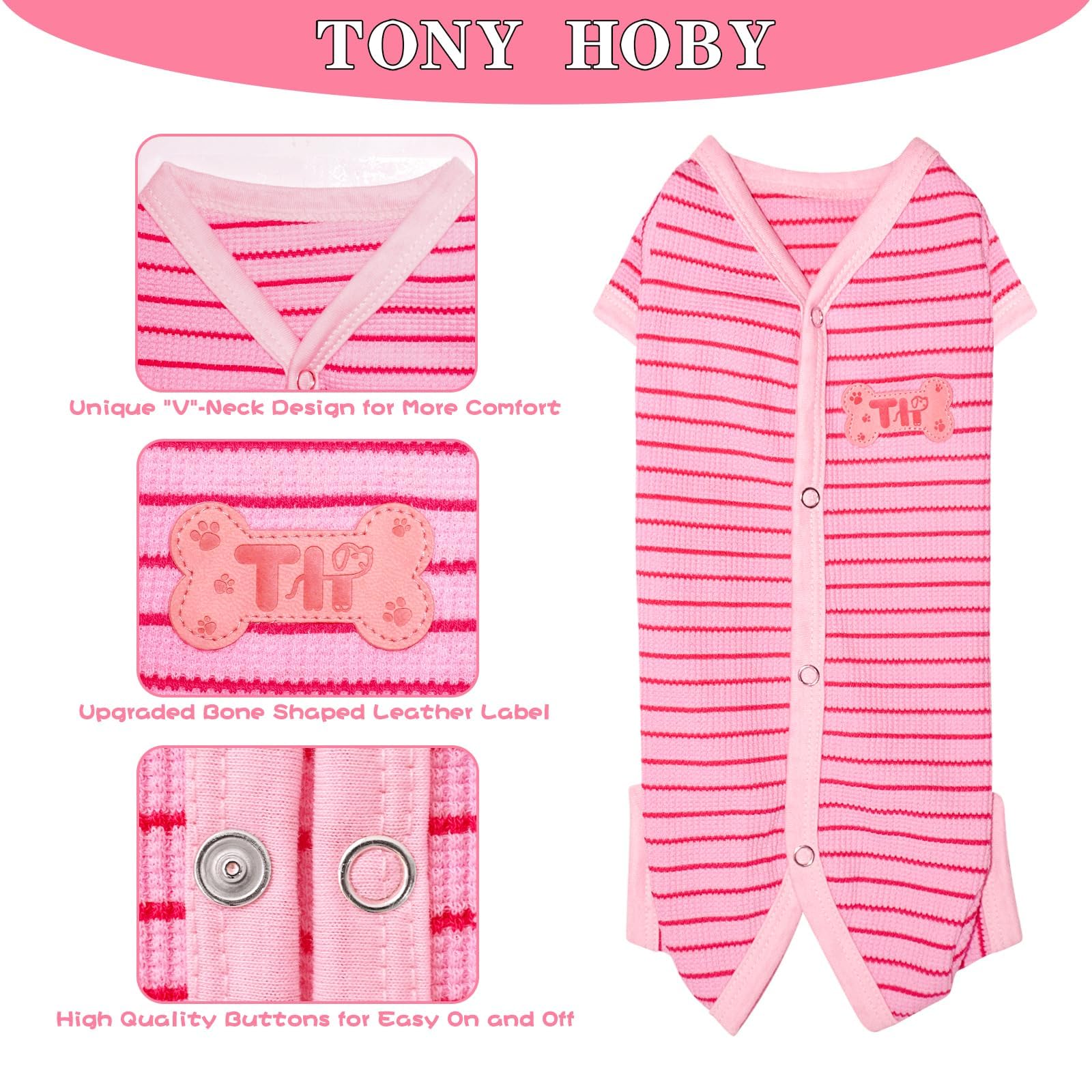 TONY HOBY pink dog pajama close-up shows four-leg design and abdomen protection.