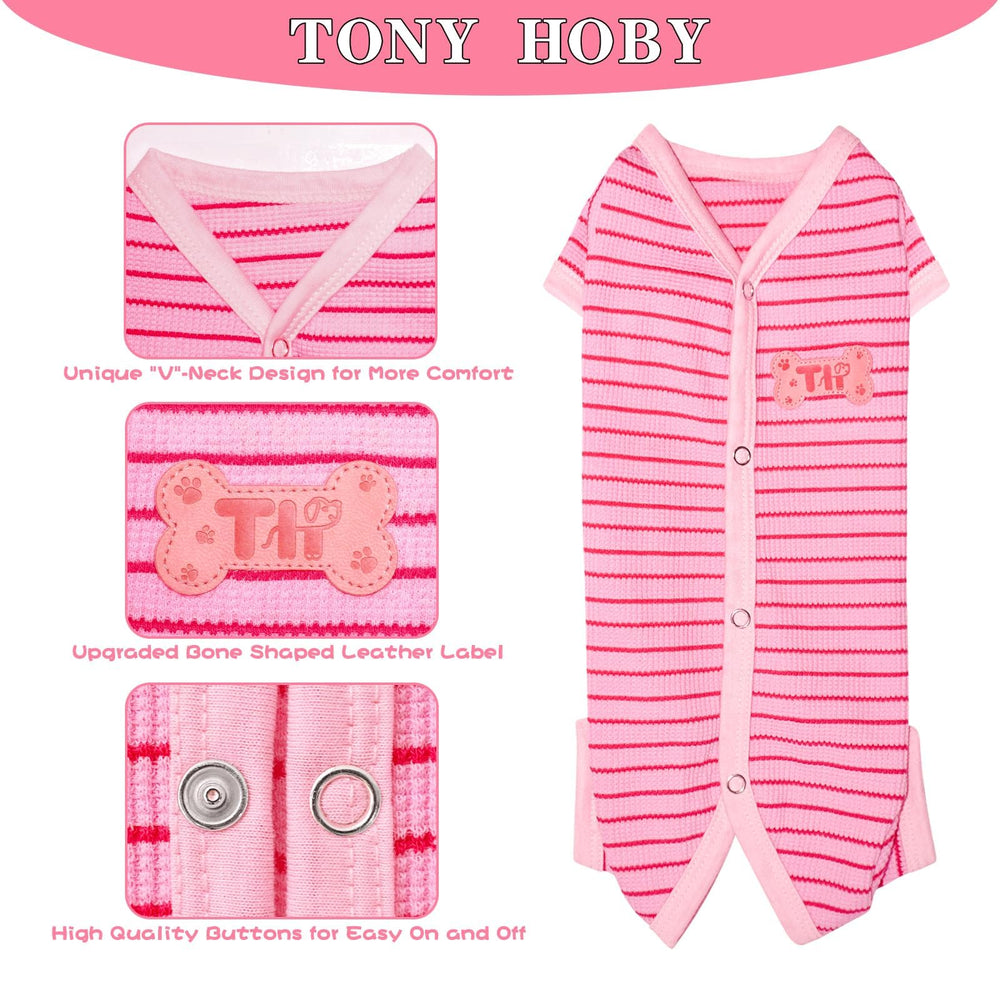 TONY HOBY pink dog pajama close-up shows four-leg design and abdomen protection.