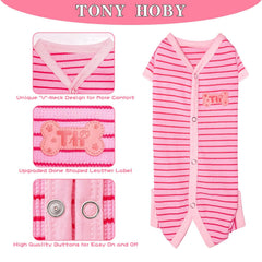 TONY HOBY pink dog pajama close-up shows four-leg design and abdomen protection.